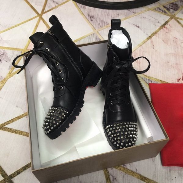 

women martin boots calfskin leather buckled strap at the calf spikes rivet boot lace up ankle bottes booties australia bottines shoes 1, Black