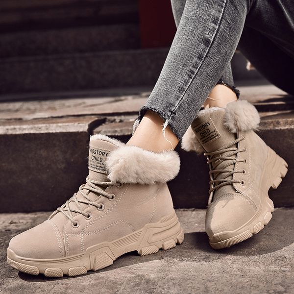 

women snow boots winter fur ankle booties female warm plush suede rubber casual flats fashion platform ladies shoes new designer, Black