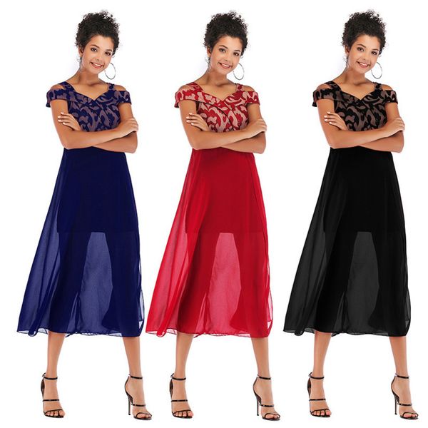 

womens designer chiffon loose casual elegant round neck fake two-piece dress season solid color mesh stitching artgbrk, Black;gray