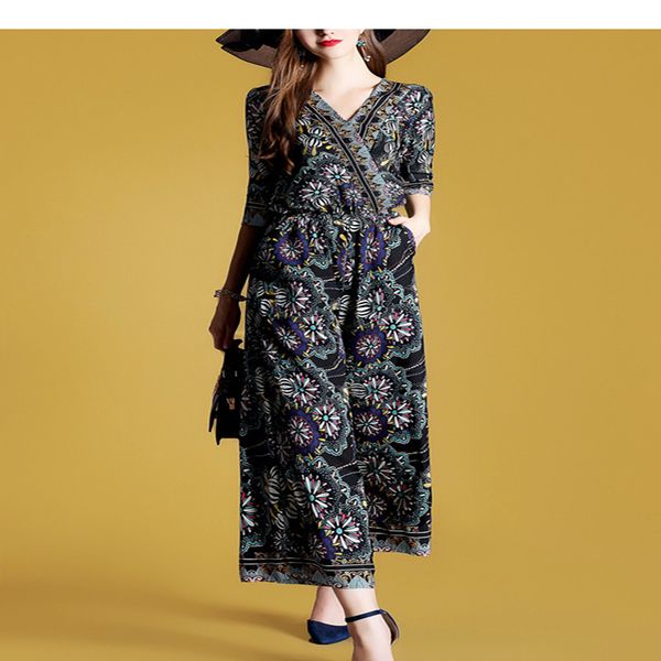 

summer autumn women jumpsuit romper half sleeve v neck casual playsuit overalls ladies wide leg loose print playsuit, Black;white