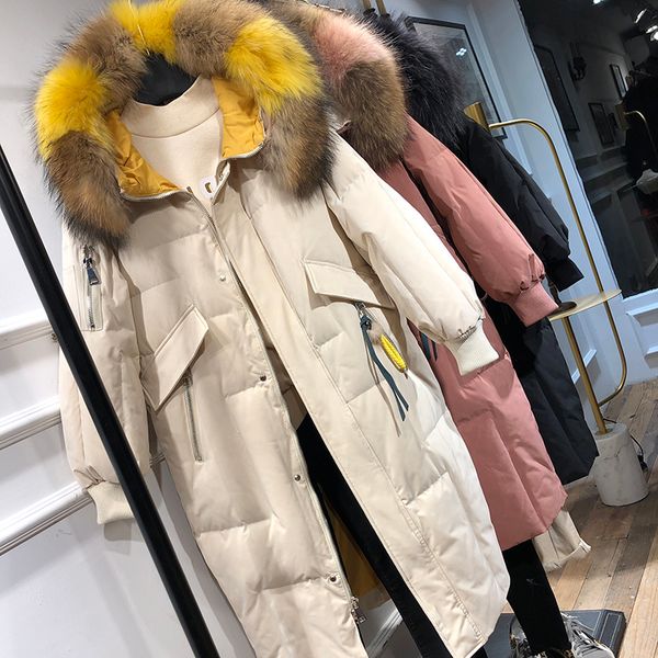 

fitaylor winter women down coat real raccoon fur hooded parkas meidum long snow jackets white duck down outwear, Black
