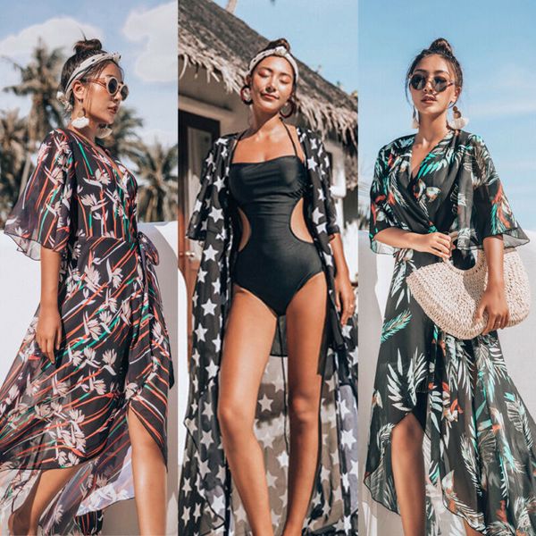 

fashion ladies bikini cover up swimwear summer holiday vacation women swimsuit chiffon beach print boho outwear unique cover-ups, Blue;gray