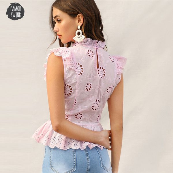 

pink ruffle trim blouse lace summer embroidered peplum women eyelet stand collar slim fitted boho blouses, White