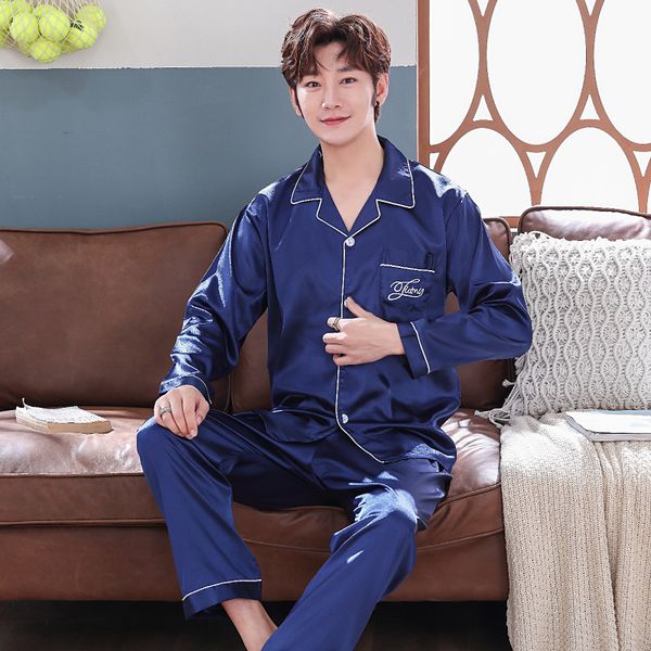 

autumn new products cardigan stain silk fabric pyjamas long sleeve men-outer wear tracksuit fold-down collar youth pajamas, Black;brown