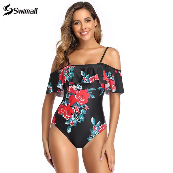 

2019 ruffle one piece swimsuit women push up swimwear female off shoulder bathing suit bodysuit print monokini swimsuit, White;black