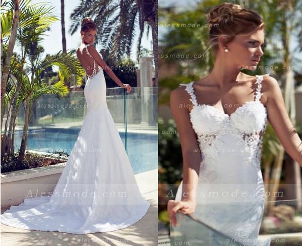 

2019 Newest Spaghetti Strap A Line Floor Length Backless Wedding Gown Beach Backless Appliques Wedding Dresses Vestidos De Novia Cheap
