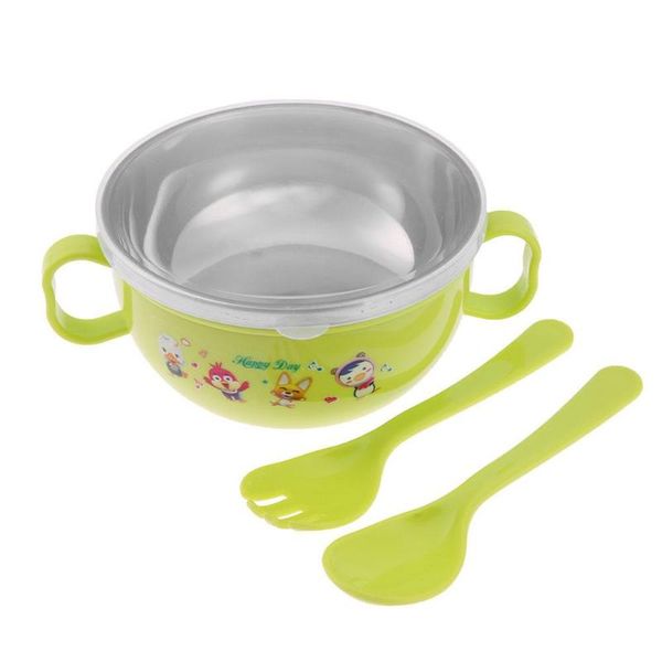 

300ml baby feeding training bowl with spoon set baby tableware bowl stainless steel cartoon binaural baby feeder kids plate suck