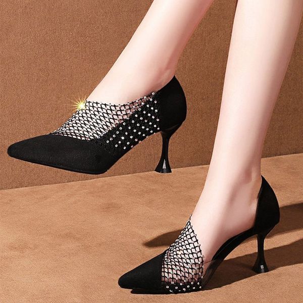 

women spring high heels woman lace shoes sandals pointed toe suede pumps ladies shoes thin heels female fashion summer, Black