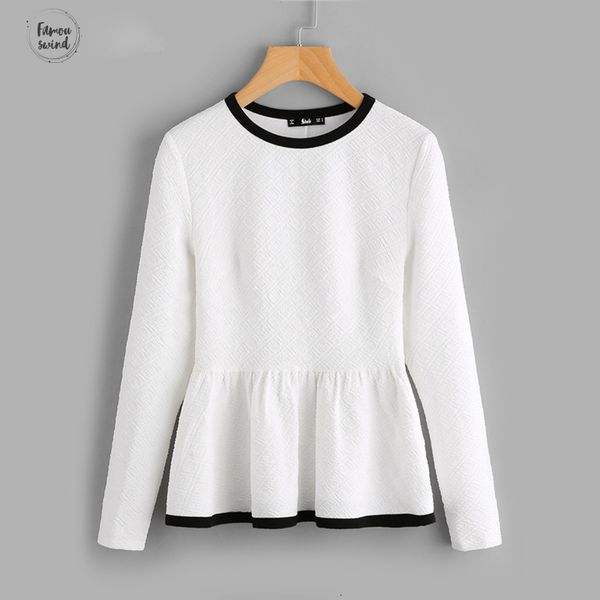 

contrast blouse binding textured peplum shirt women blouses autumn long sleeve elegant fall fashion white