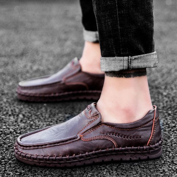 

2019 leather men casual shoes italy style flat shoes men genuine leather casual driving loafers man slip-on loafers male hc-320, Black