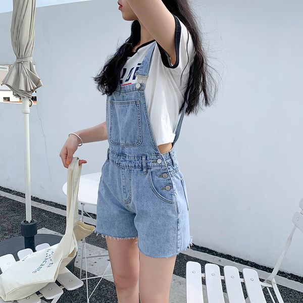 

pengpious new denim jumpsuit short girls overalls frayed hem, Blue