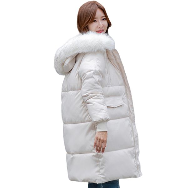 

winter hooded down jacket women thick long warm cotton padded jacket with artificial fur collar, Black