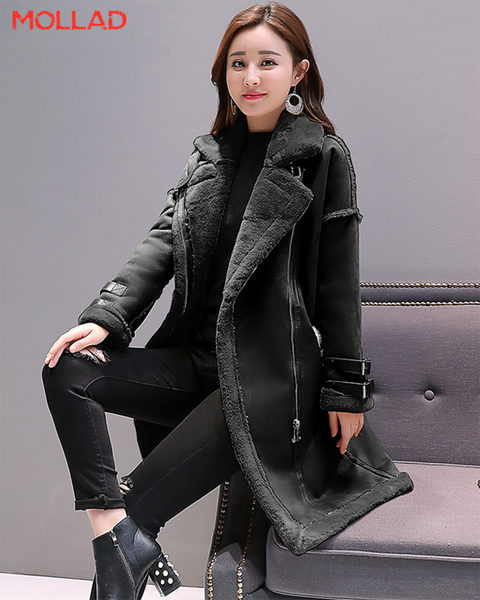 

mollad new winter lamb plush turn-down collar thicked warm coat, Black