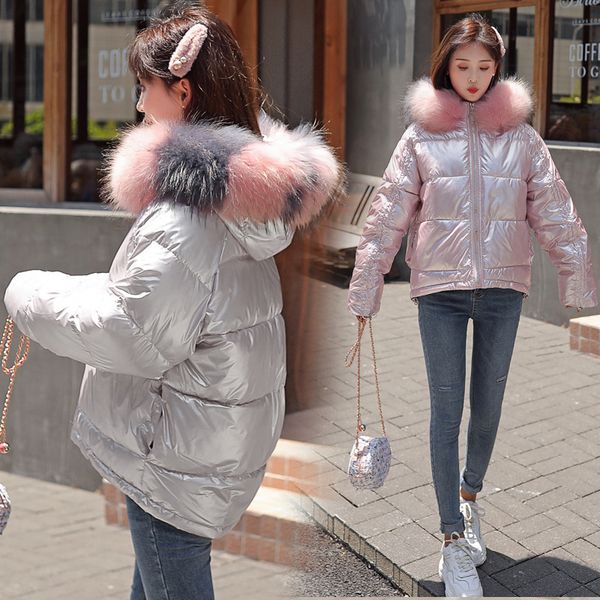 

2020 glossy winter down cotton padded jacket for women thick bright black short shiny jacket pink black gold cotton parkas