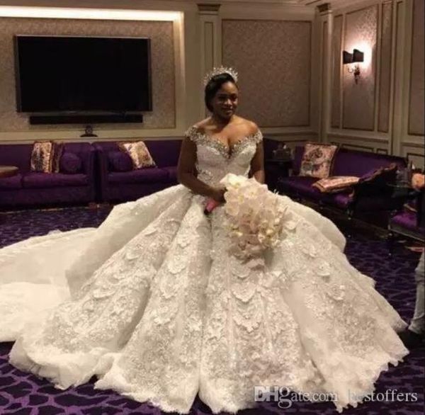 

glamorous african plus size court train ball gown wedding dresses off-shoulder bead collar tulle tiered skirts applique bridal gown, White