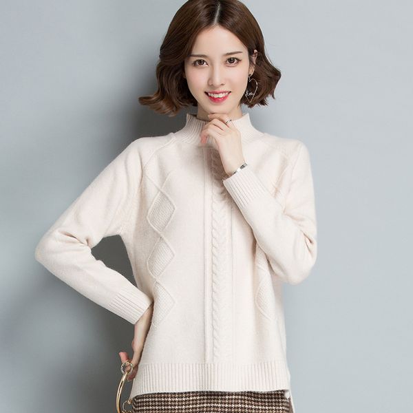 

2020 new knitted half-neck sweater autumn and winter women's korean version pure color short loose knitted blouse bottom shirt, White;black
