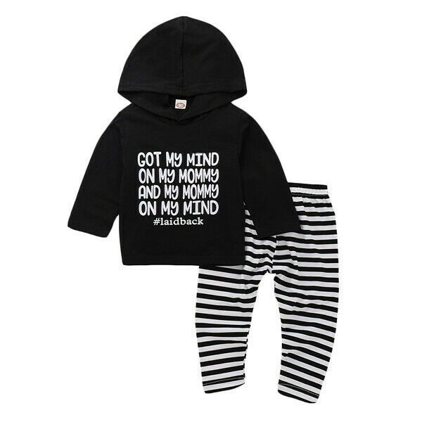 

pudcoco us stock new casual newborn baby boy girl clothes set print letter hoodie shirt +striped pants outfits clothes set, White