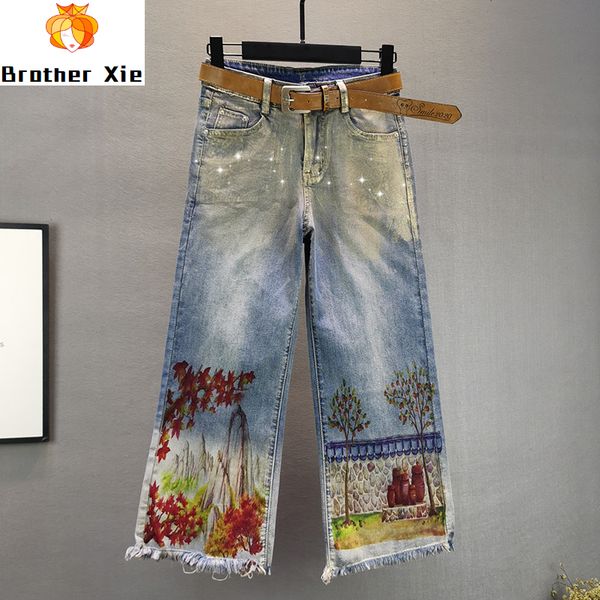 

plus size jeans womens summer new style fashion national style loose high waist slim bronzing printed burr wide leg pants jeans, Blue