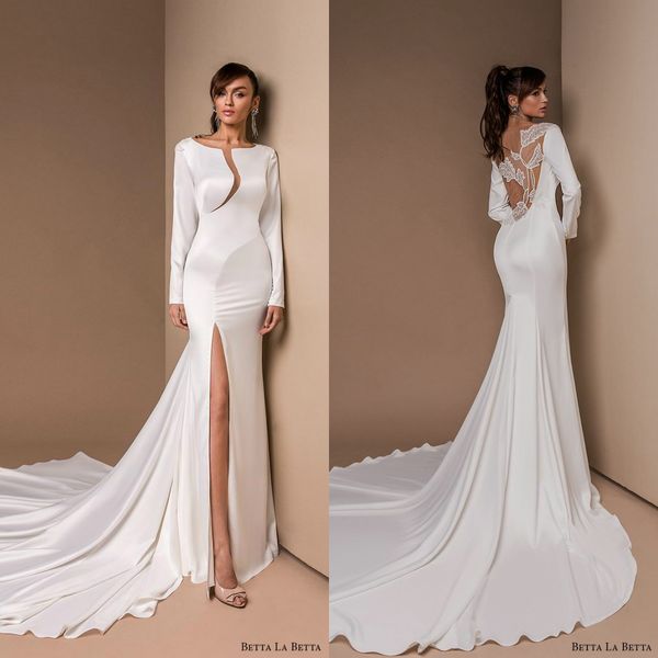 

betta la betta 2019 mermaid wedding dresses long sleeve lace side split soft satin plus size bohemia bridal gowns robe de mariÃ©e, White