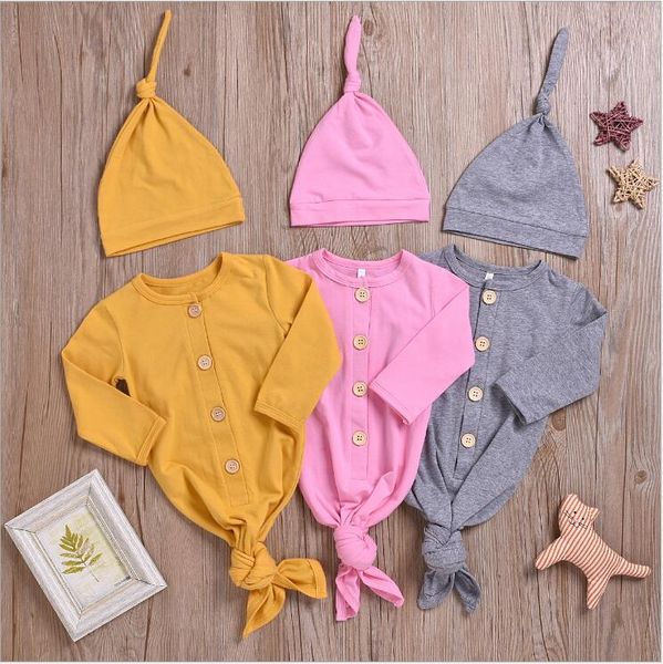 Toddle Giysi Sonbahar Katı Çizgili Tulum Şapkalar Suits Yenidoğan Uzun Kollu Pijama Balık Kuyruk Uyku Tulumları Caps Set Homewear Pijama B6953