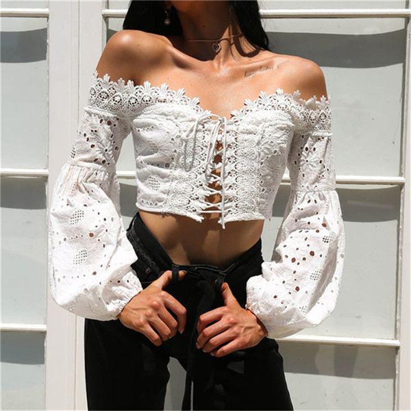 

summer boho women blouse off shoulder lace hollow flare sleeve lace loose white blouse shirt blusas feminina
