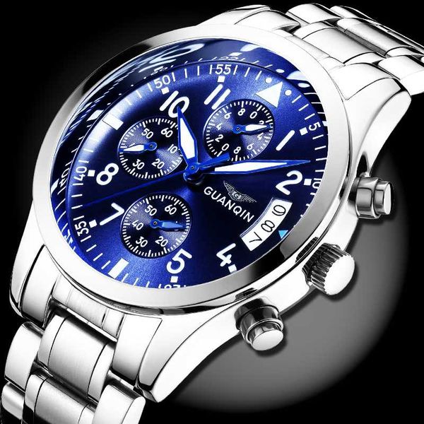 

guanqin mens watches business chronograph quartz watch men sport stainless steel wristwatch relogio masculino, Slivery;brown