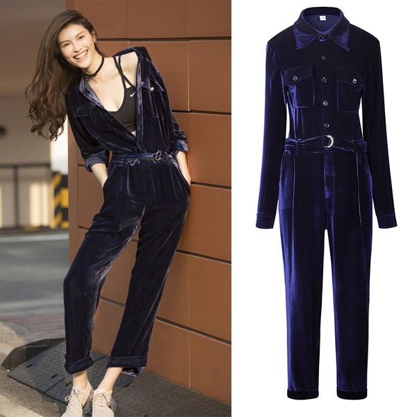 

new 2018 what autumn with a blue velvet ear thickening waist casual jumpsuit siamese pants 8110, Black;white