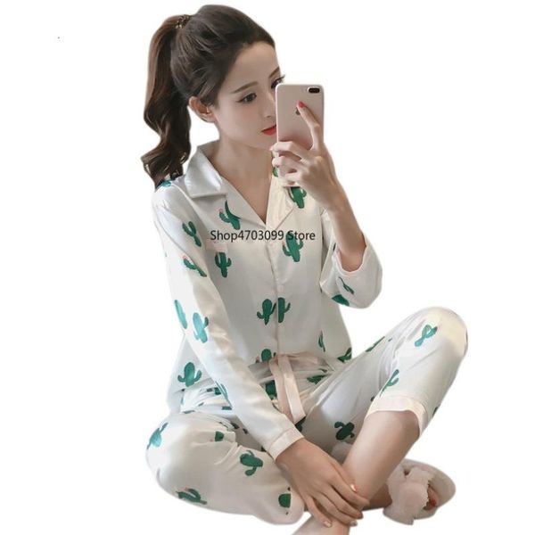 

2019 new models women satin silk pajamas set summer cartoon print pyjama set long sleeve sleepwear suit women nightwear, Blue;gray