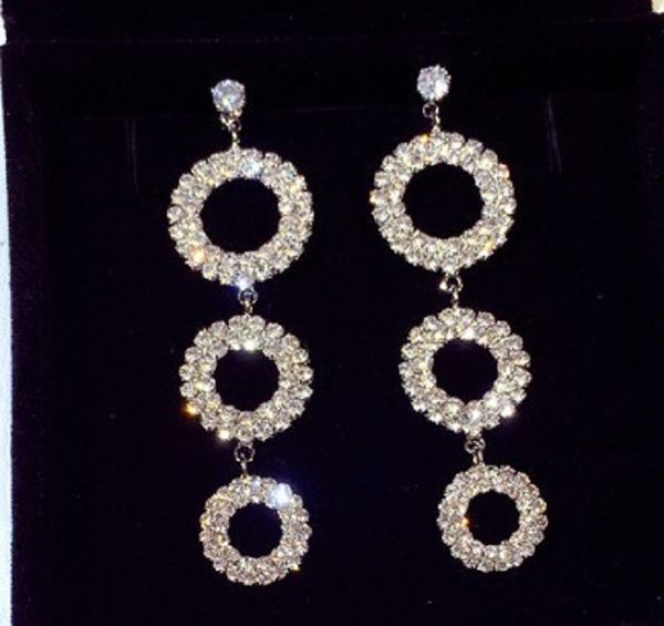 

new ins fashion luxury designer sparkling diamond multi circles long drop chandelier dangle earring for women girls, Silver