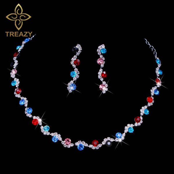 

treazy gorgeous colorful rhinestone crystal wedding bridal jewelry sets choker necklace earrings set women jewelry accessories, Slivery;golden
