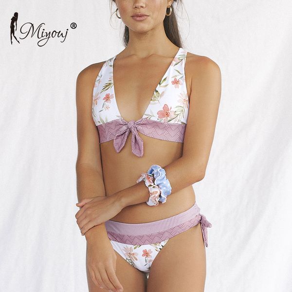 

miyouj floral biquini bow bandage bikini feminino deep v neck swimsuit 2019 bathing suit women swimwear cross bandage bikini set