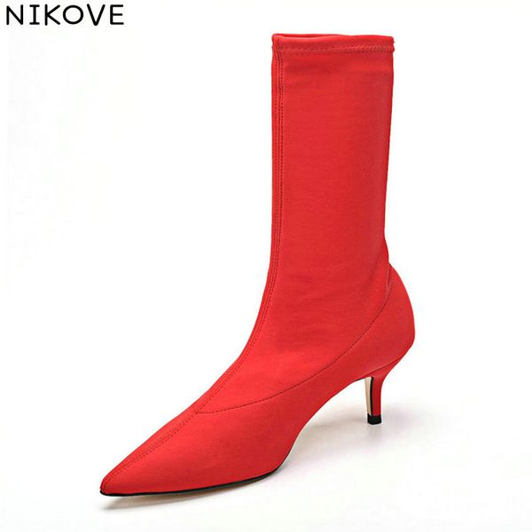 

nikove 2019 women pointed toe boots sewing thin high heel mid-calf boots spring slip on woman size 34-43, Black