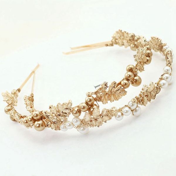 

baroque vintage headband jewelry faux pearl golden metal leaves alloy hair hoop axyd, Golden;white