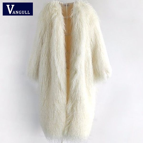 

vangull winter women faux mongolia sheep fur coat luxury long fur coat overcoat thick warm fluffy jacket coats 2019, Black