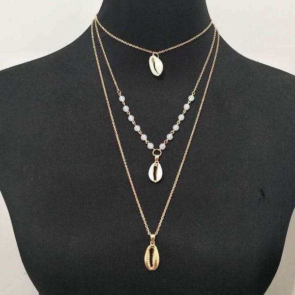 

rainbery selling jewelry natural alloy phnom penh shell three-layer pendant necklace bohemian shell choker necklace, Silver