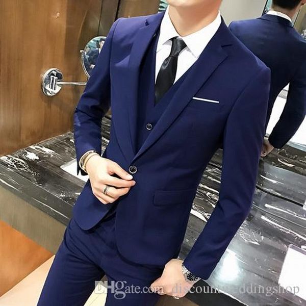 Slim Fit Blu Navy Uomo Lavoro Completo da lavoro Spacchi posteriori Uomo Matrimonio Prom Blazer Party Coat Smoking dello sposo (Giacca + Pantaloni + Gilet + Cravatta) J689