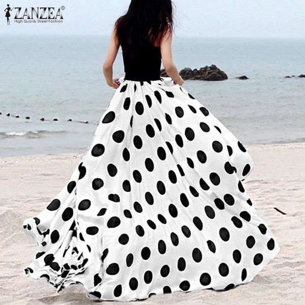 

plus size 2020 summer women retro polka dot printed long skirts zanzea casual baggy faldas skirt ladies bohemian jupe femme 5xl, Black