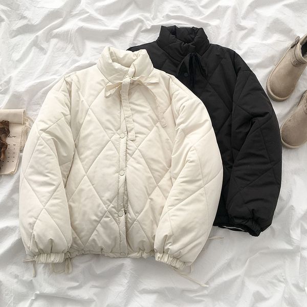 

2019 winter thcker warm parkas korean lace up coat women cotton-padded clothes puffer jacket streetwear, Black
