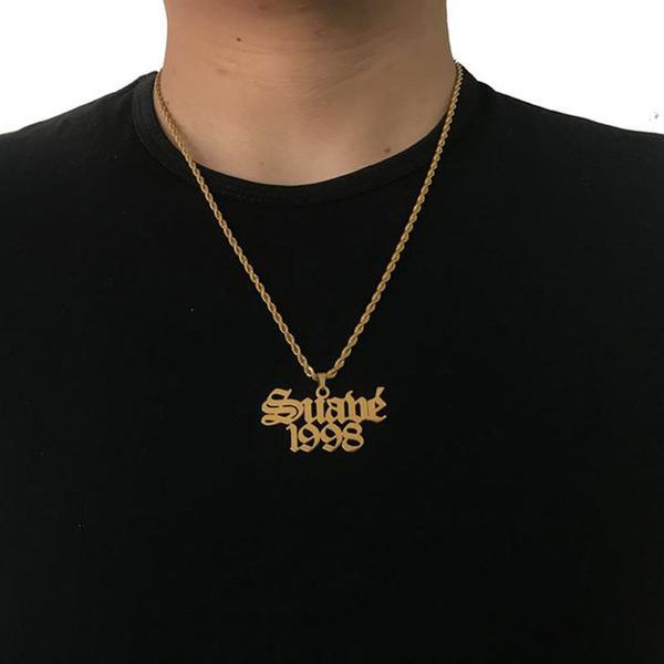 

custom name with date of birth necklaces men personalized punk nameplate jewelry old english letter necklace collier femme 2019, Silver