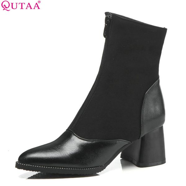 

qutaa 2019 women ankle boots pu leather women shoes platform zipper pointed toe square high heel boots big size 34-43, Black