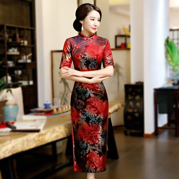 

sheng coco -4xl pleuche traditional chinese cheongsam dress simple elegant printing red qipao vietnam long velour vintage dress