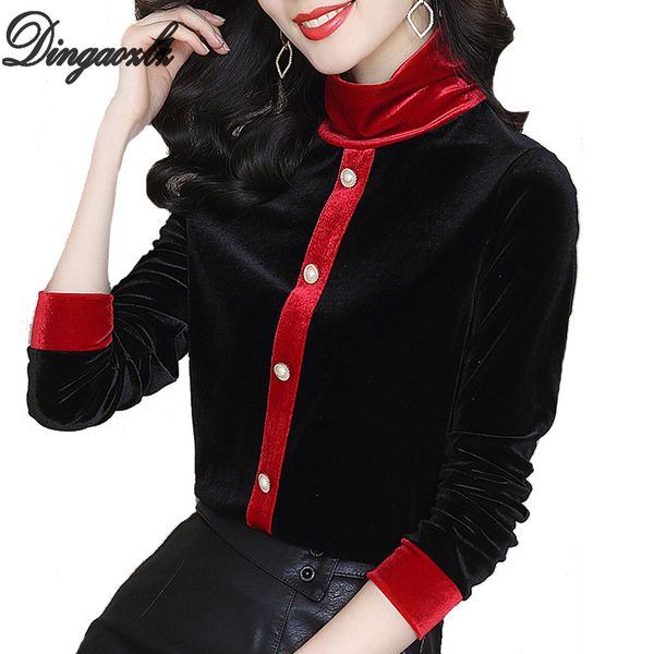 

dingaozlz s-3xl мода с длинными рукавами женщины блузка рубашка лоскутное женский топы новый высокая шея золото бархат плюс размер, White