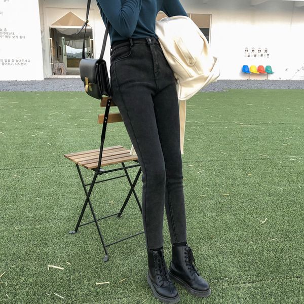 

high waisted leggings women's elastic small leg pencil pants with plush and thickened straight pants, Black;white