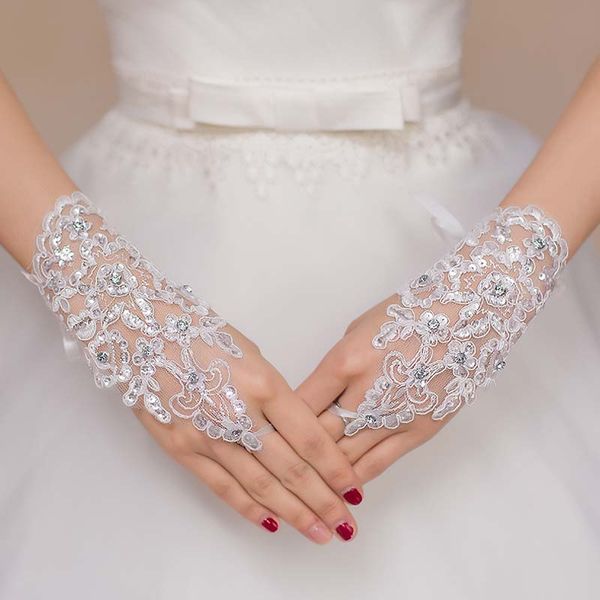 

new arrival inexpensive bridal wedding gloves charming fingerless crystals sequins lace appliques bride accessory ing, White