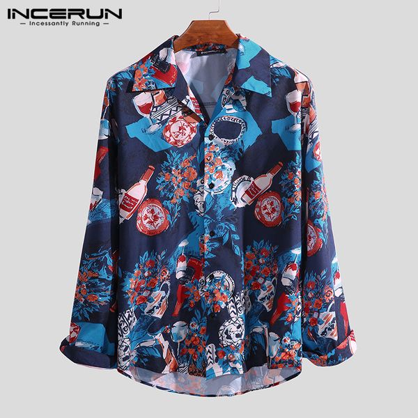 

incerun 2019 fashion men hawaiian shirt printed long sleeve loose lapel vintage tropical korean ladies casual shirt camisa s-5xl, White;black