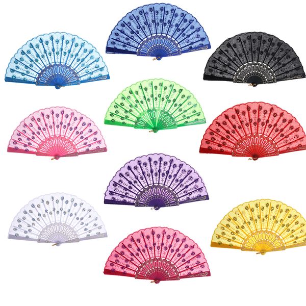 

10 pcs/ lot chinese japanese lace folding fan dance pp plastic cloth silk colorful fans handwaaier gift for home party decor