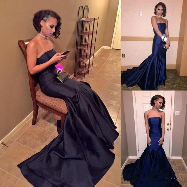 

2019 navy blue mermaid prom dresses strapless african sleeveless evening dress formal long vestido de fiesta party gowns cheap, Black;red