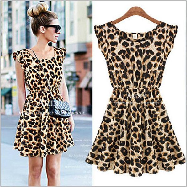 

2020 новый сексуальный женщины оборками леопардовый casual партии мундир one piece новизна skater качели мини платье моды сарафан, Black;gray