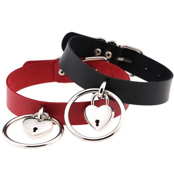 

старинные egirl круг сердце замок кулон кожаный колье ожерелье для женщин сексуальный ночной клуб воротник колье партии ювелирных изделий па, Golden;silver