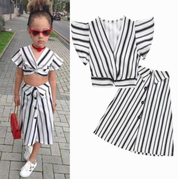 

ins baby girl clothes outfits children striped v-neck flying sleeve skirts 2pcs/set 2019 summer fashion boutique kids clothing by1074, White